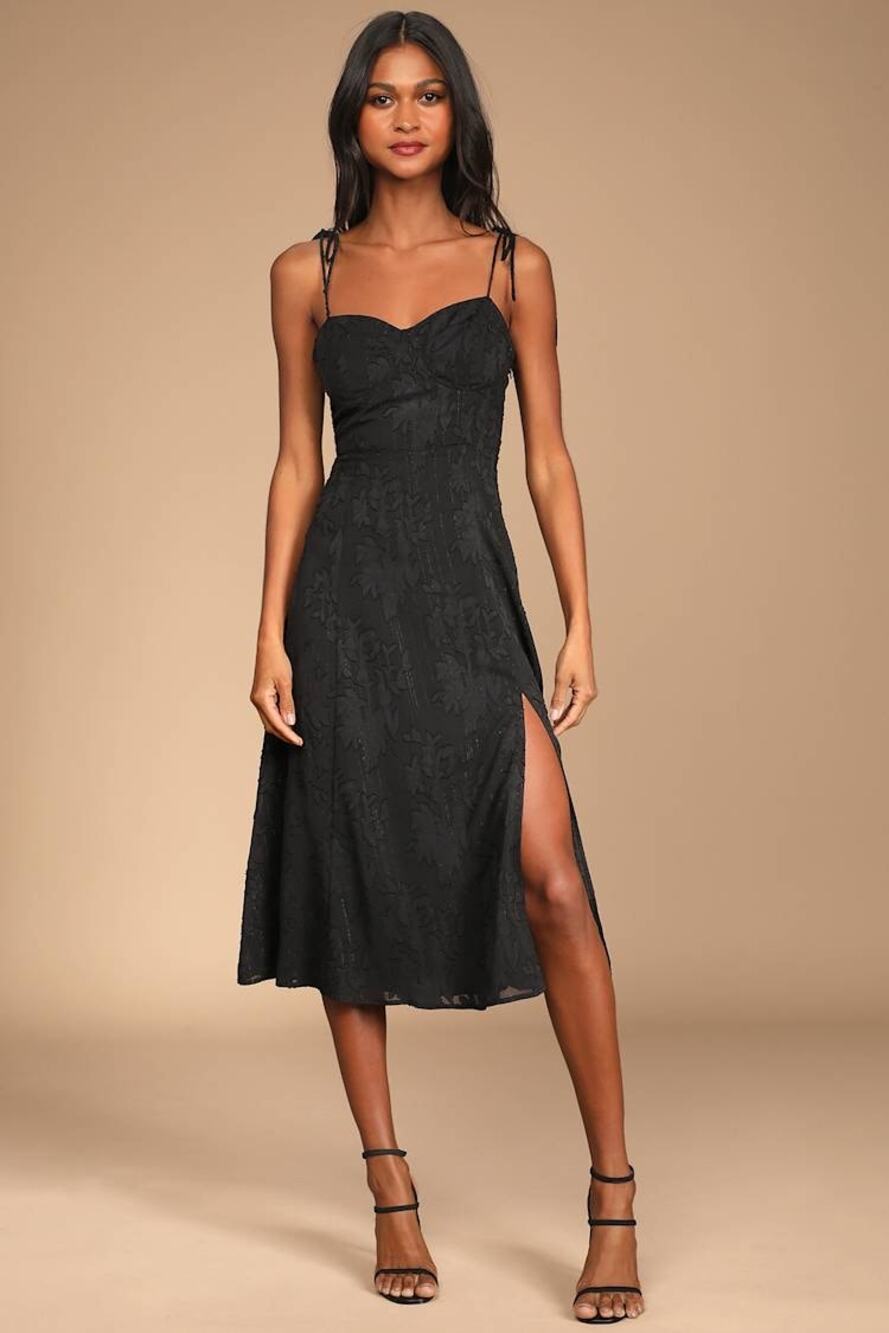 NWT Lulus Loveliest Looks Black Floral Jacquard Tie-Strap Midi Dress Party Sz M